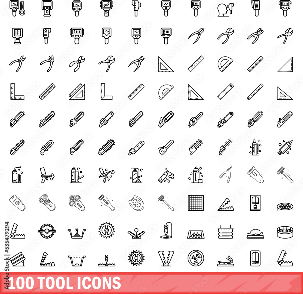 Naklejka premium 100 tool icons set. Outline illustration of 100 tool icons vector set isolated on white background