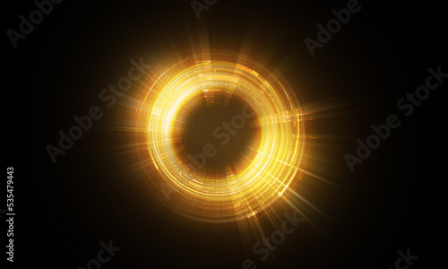 Magic circle light effect. Bright sphere lens. Rotating lines. Glow ring. Magic neon ball. Led blurred swirl. Spiral glint lines. HUD.