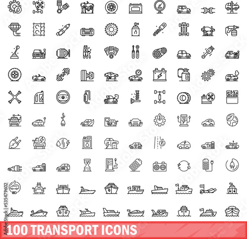 100 transport icons set. Outline illustration of 100 transport icons vector set isolated on white background