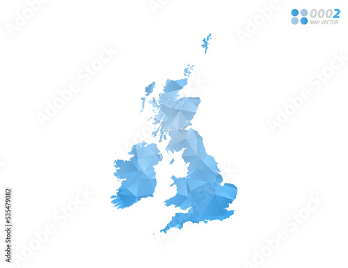 United Kingdom (UK) map blue polygon triangle mosaic with white background. Vector style gradient.