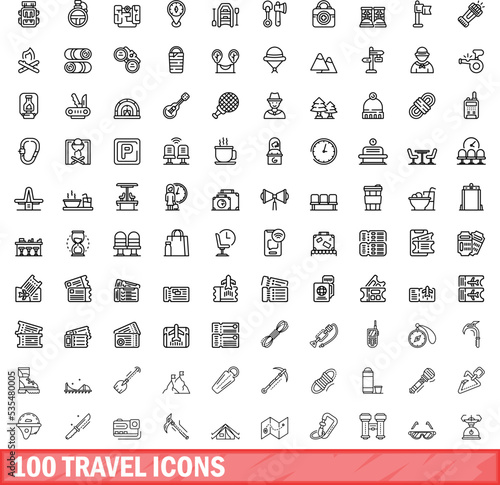 100 travel icons set. Outline illustration of 100 travel icons vector set isolated on white background