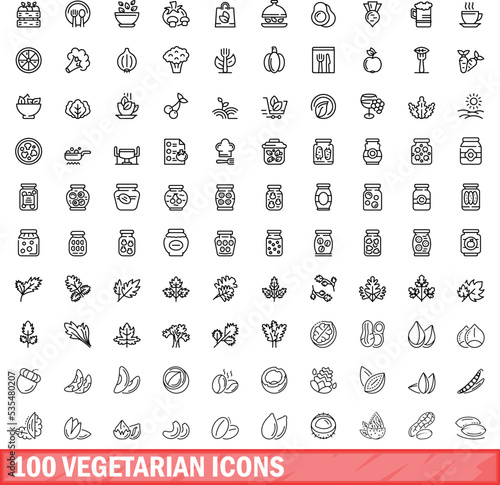 100 vegetarian icons set. Outline illustration of 100 vegetarian icons vector set isolated on white background