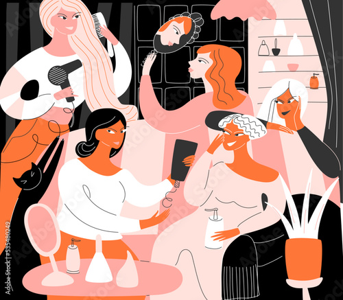 Girlfriends test cosmetics and have fun at home. Vector illustration of a bachelorette party.