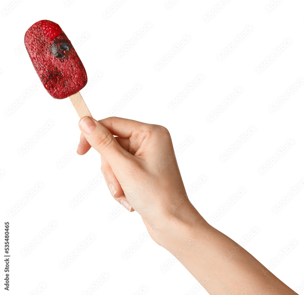 Woman holding tasty berry ice pop on white background, closeup. Fruit popsicle Woman holding tasty berry ice pop on white background, closeup. Fruit popsicle