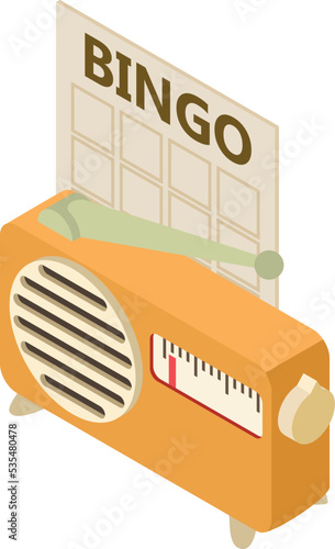 Retro leisure icon isometric vector. Vintage brown radio receiver, lottery ticket. Time pastime, leisure