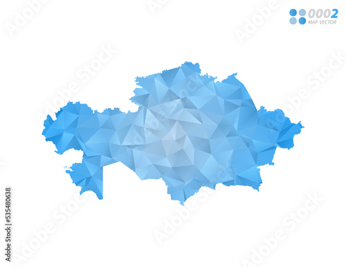 Kazakhstan map blue polygon triangle mosaic with white background. Vector style gradient.