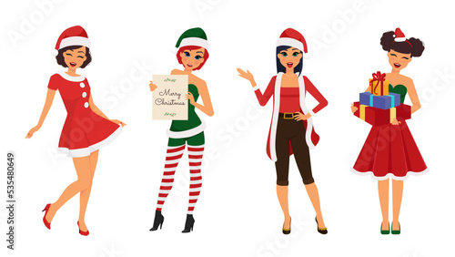 Isolated fancy group of women in Christmas' costumes collection - vector, illustration