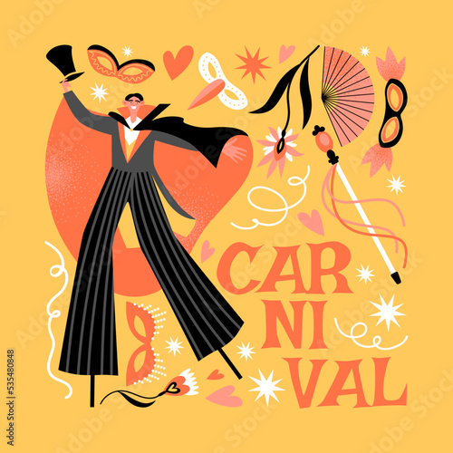 Carnival banner with funny character in fancy dress on stilts.