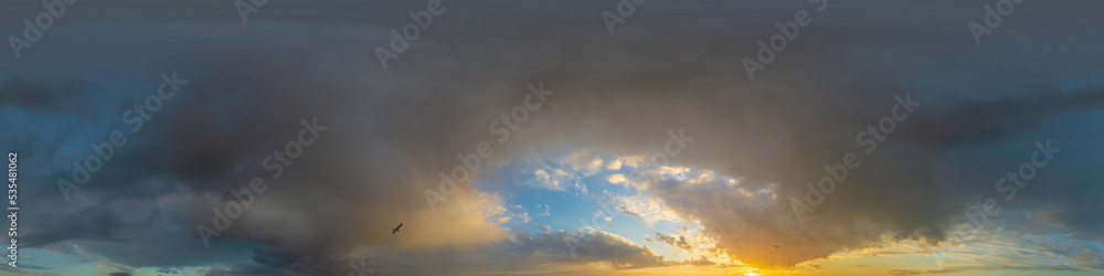 Dramatic sunset sky panorama with Cumulus clouds. Seamless hdr 360 pano in spherical equirectangular format. Complete zenith for 3D visualization, game and sky replacement for aerial drone panoramas Dramatic sunset sky panorama with Cumulus clouds. Seamless hdr 360 pano in spherical equirectangular format. Complete zenith for 3D visualization, game and sky replacement for aerial drone panoramas