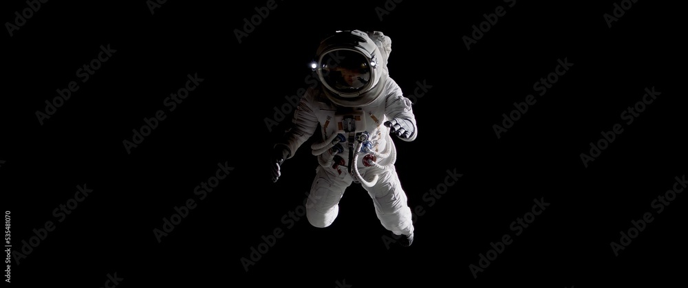 Full portrait of Caucasian female astronaut during spacewalk, deep space in the background