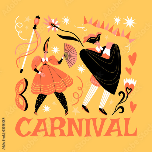 Vector illustration with venetian carnival characters, flowers and decorations. People in Italian theater costumes