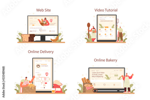 Baker online service or platform set. Chef in the uniform baking bread