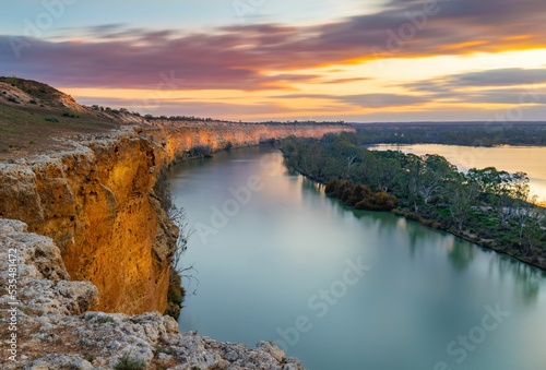 Aerial view of cliffs overlooking the Murray River at sunset in Nildotte, South Australia photo