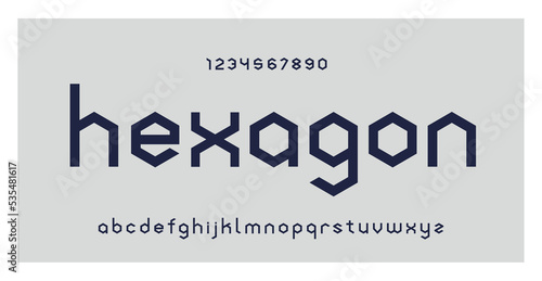 Hexagonal typography. Geometric font typeface, set of numbers and letters. Creative alphabet. Vector illustration. Small lettering font family. For technology, gaming, and architecture subjects.