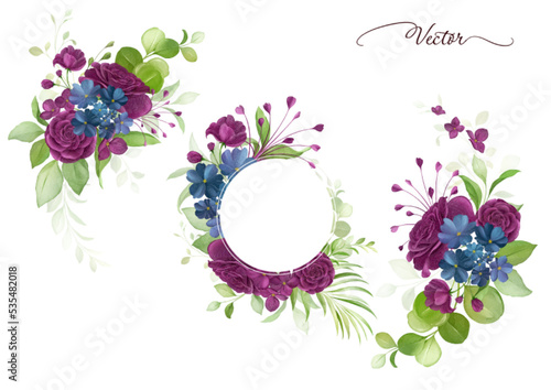 Watercolor floral frame and arrangements elements of purple roses