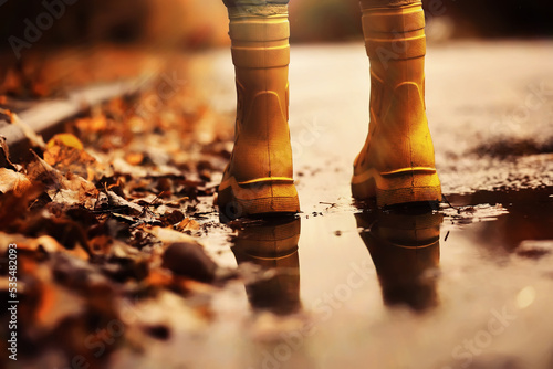 Fototapeta Naklejka Na Ścianę i Meble -  Kid standing on foliage . Legs of children in  boots standing in puddle with orange fallen leaves in autumn.