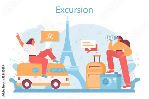 Tour vacation guide concept. Tourists listening to the history of the city