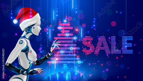 Christmas online sale banner in tech cyberpunk style. Beautiful robot woman in red hat decoration virtual Electronic christmas tree. New year internet shopping advertisement. Cyborg Snow maiden. AI.