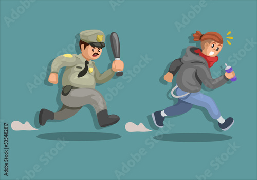Police chasing bad boy vandalism. criminal activity illustration vector