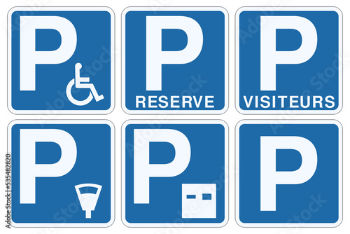 Collection of different parking signs such as disabled parking space, disc parking space, meter parking space, reserved (Réservé in french) and visitor (Visiteurs in french) parking space (flat)