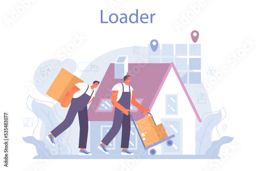 Loader service. Storekeeper in uniform carrying a cargo. Delivery man