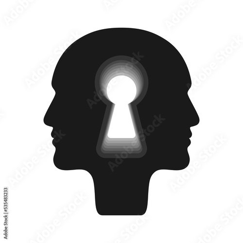 Keyhole in double profile men graphic icon. Psychology and psychoanalysis sign isolated on white background. Mental health symbol. Vector illustration