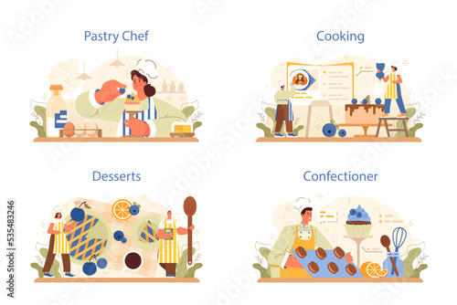 Confectioner concept set. Professional pastry chef making sweets