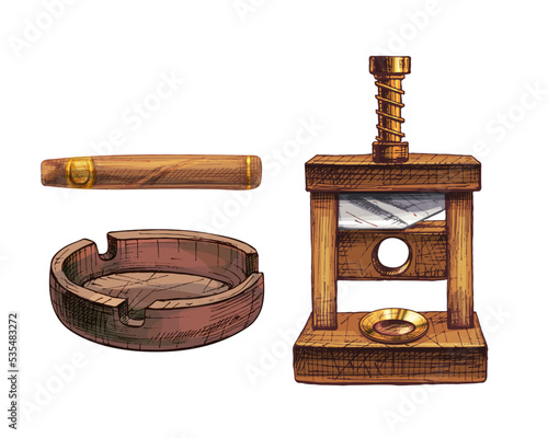 Cutting guillotine cigar and ashtray. Vintage hatching color illustration isolated on white