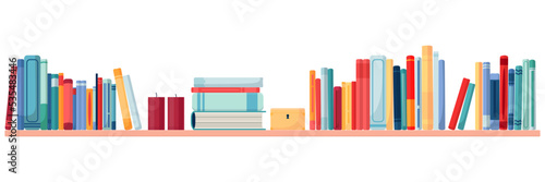 A long shelf with standing and lying books. Horizontal vector illustration isolated on white background. A shelf with various books, a box and a couple of candles.
