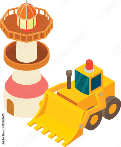 Work zone icon isometric vector. Yellow construction bulldozer near lighthouse. Building, repair, reconstruction