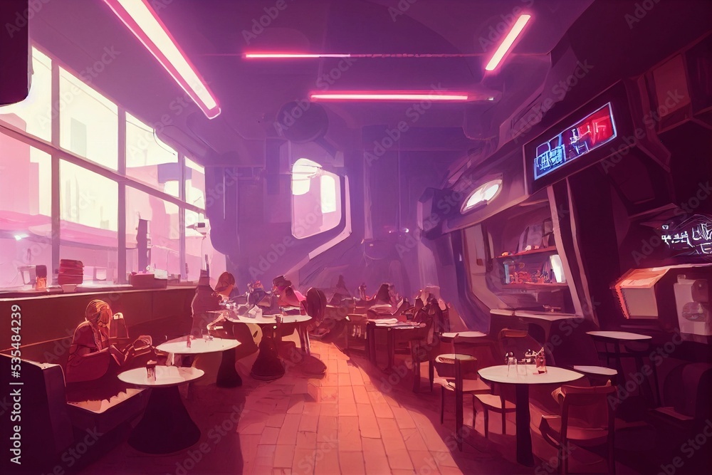 Conceptual illustration artwork of science fiction cyberpunk cafe or  restaurant in sci-fi setting Illustration Stock | Adobe Stock
