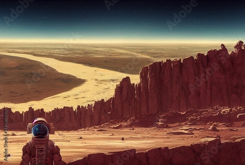 Canvas Print 3D rendering of the Mars surface with an astronomer