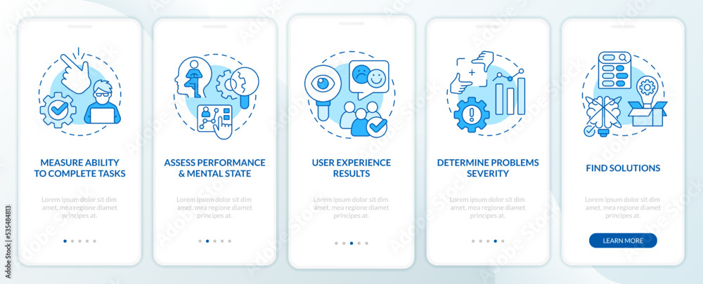 Usability test aims blue onboarding mobile app screen. User experience walkthrough 5 steps editable graphic instructions with linear concepts. UI, UX, GUI template. Myriad Pro-Bold, Regular fonts used