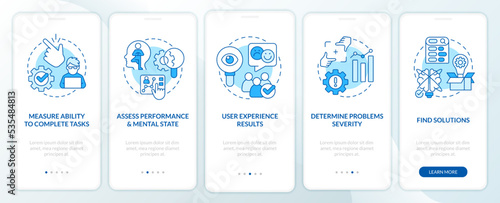 Usability test aims blue onboarding mobile app screen. User experience walkthrough 5 steps editable graphic instructions with linear concepts. UI, UX, GUI template. Myriad Pro-Bold, Regular fonts used