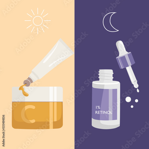 Cosmetic Vitamin C and Retinol. Day and night woman beauty face care routine, Brightening, Anti-Aging effect, Serum, Moisturizing. Flat vector illustration.