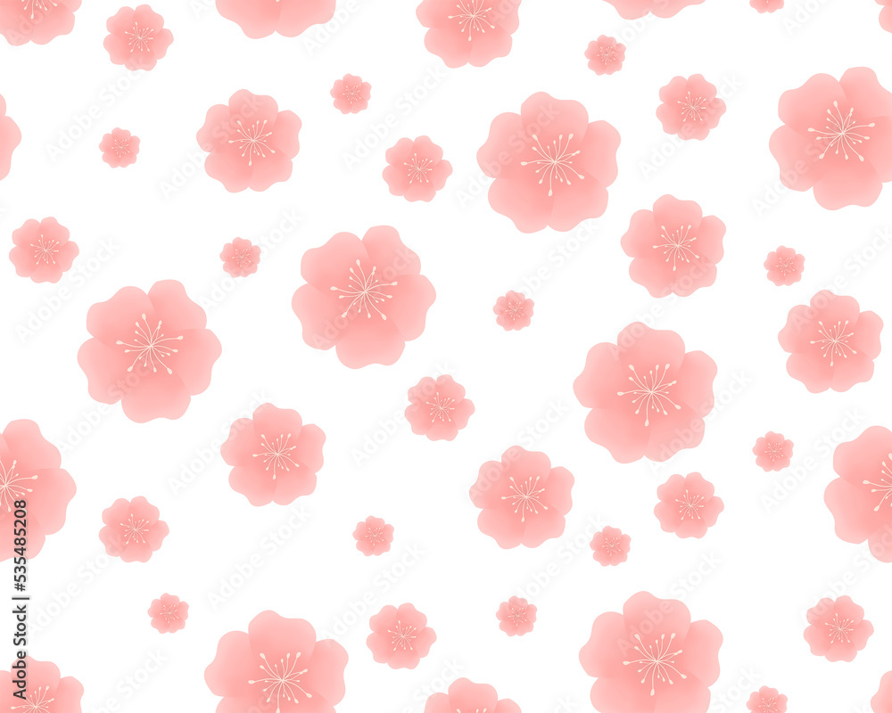 Pink sakura flowers on white background seamless pattern