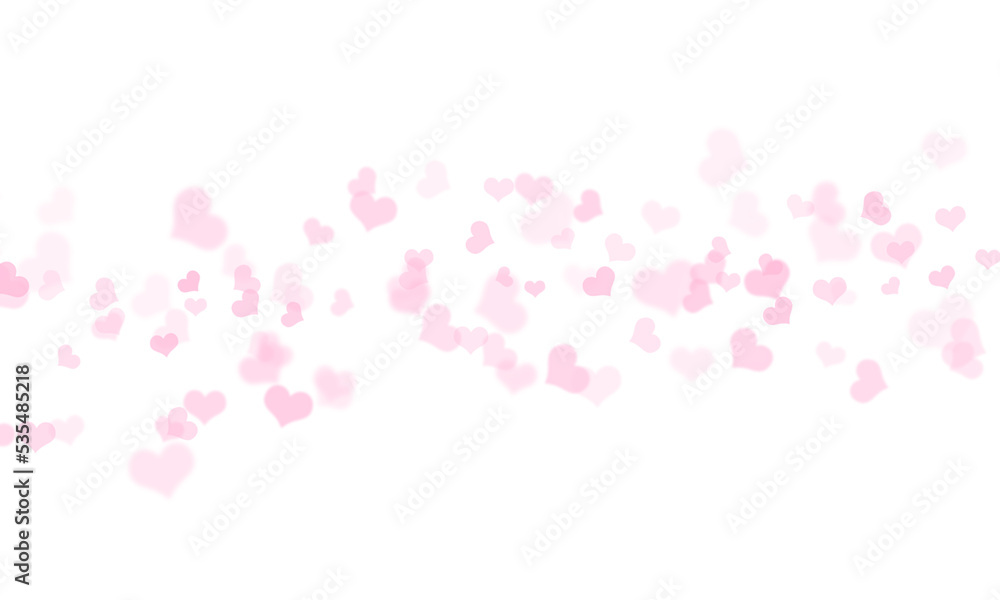 Bokeh of pink hearts on a white background