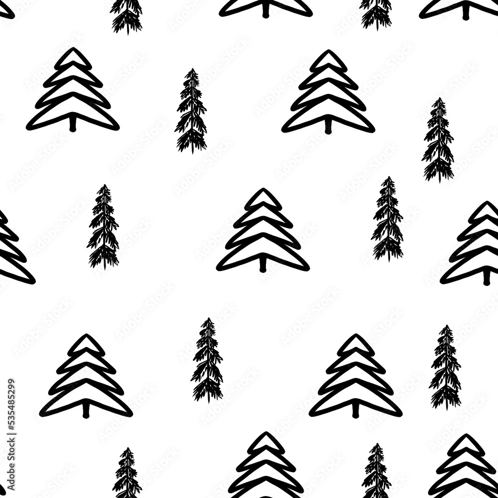 Obraz premium Black christmas trees on white background seamless pattern