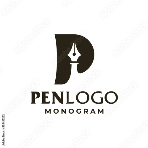 Initial Letter P with Pen Writer Logo Design Vector