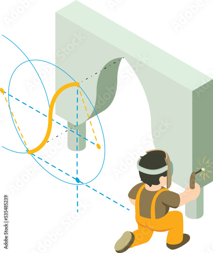 Welding work icon isometric vector. Welder carries welding work near curly arch. Designing, building, reconstruction