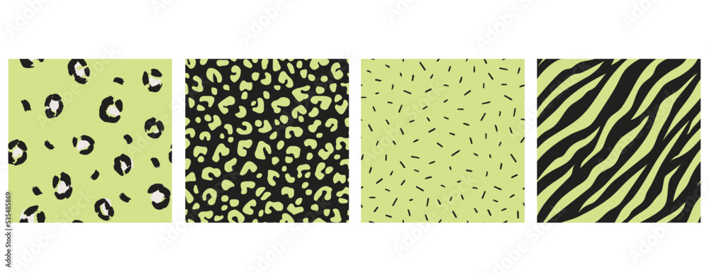  Set of animal fur texture seamless patterns. Neon green and black.