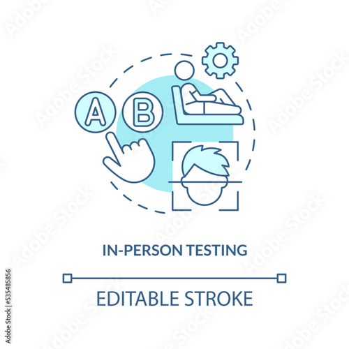 In-person testing turquoise concept icon. User physically present research. Assess abstract idea thin line illustration. Isolated outline drawing. Editable stroke. Arial, Myriad Pro-Bold fonts used