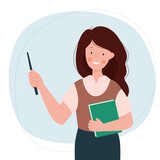 Female teacher. Cute woman stands with pointer and book. School and learning concept. Teachers day. 
