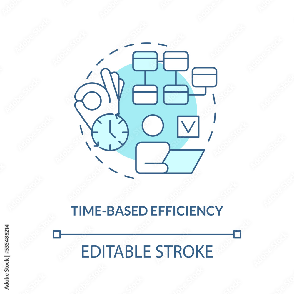 Time-based efficiency turquoise concept icon. Speed complete tasks. Measurement abstract idea thin line illustration. Isolated outline drawing. Editable stroke. Arial, Myriad Pro-Bold fonts used Time-based efficiency turquoise concept icon. Speed complete tasks. Measurement abstract idea thin line illustration. Isolated outline drawing. Editable stroke. Arial, Myriad Pro-Bold fonts used