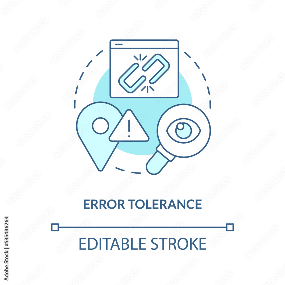 Mistakes tolerance turquoise concept icon. Search error. Website product safety abstract idea thin line illustration. Isolated outline drawing. Editable stroke. Arial, Myriad Pro-Bold fonts used Mistakes tolerance turquoise concept icon. Search error. Website product safety abstract idea thin line illustration. Isolated outline drawing. Editable stroke. Arial, Myriad Pro-Bold fonts used