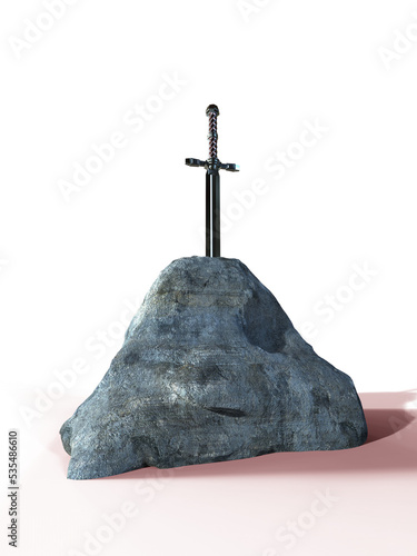 Shining in the dark sword excalibur King Arthur stuck in the rock stone in misterious forest render. metaphor of candidate applicant test, fight for good on transparent  photo