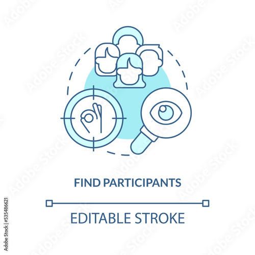 Find participants turquoise concept icon. Finding members for research. Recruitment abstract idea thin line illustration. Isolated outline drawing. Editable stroke. Arial, Myriad Pro-Bold fonts used