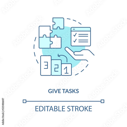 Give tasks turquoise concept icon. Provide instruction for testing session abstract idea thin line illustration. Isolated outline drawing. Editable stroke. Arial, Myriad Pro-Bold fonts used