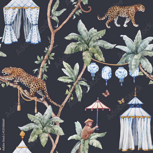 Beautiful vector tropical seamless pattern with watercolor hand drawn palm trees jaguar monkey with sun umbrella and old styled tent. Stock illustration.