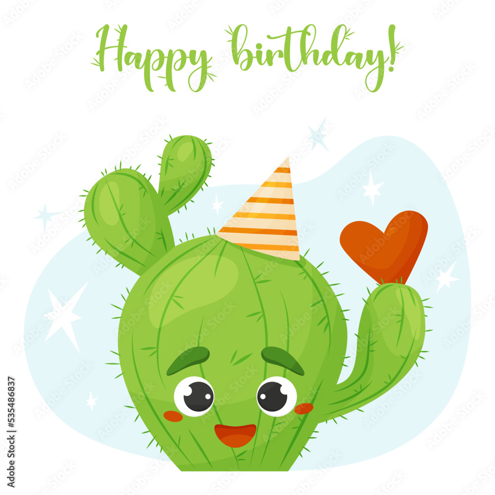 Fototapeta premium Greeting card with cute cactus character in birthday hat and with heart. Happy birthday. Vector illustration in flat style.